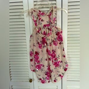 Rebecca Taylor Silk Tank Blouse Pink Rose Garden Print Bead & Sequin Sz 4 NWOT